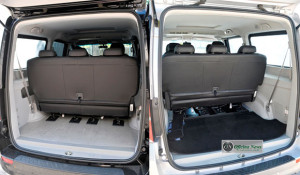 Na foto à esquerda, a posição original do banco do T8 permite 1.330 litros de capacidade do porta-malas. Com o kit, esse volume sobe para 1.821 litros (à direita)